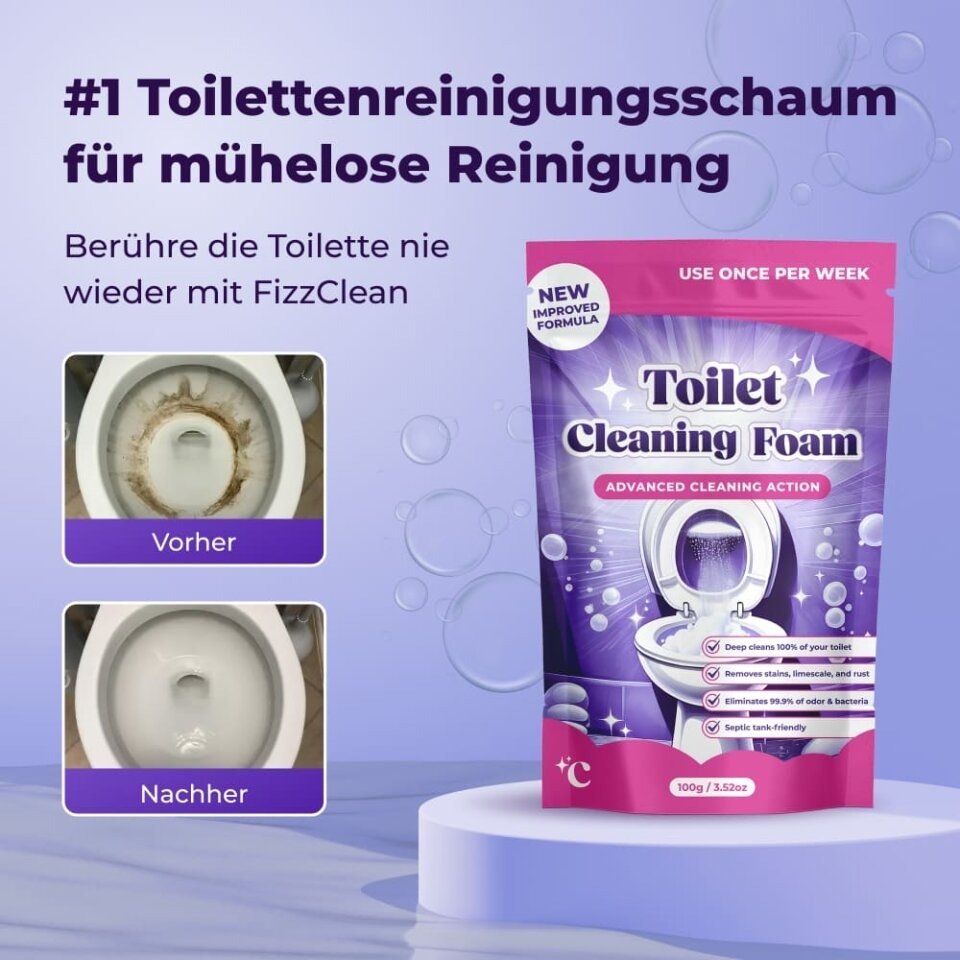 FizzClean Toilettenreinigungsschaum mit Vorher-Nachher-Vergleich